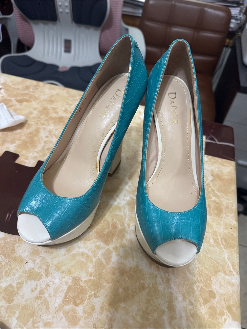 Teal and White Peep-Toe Pumps